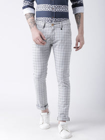 Men Off White Slim Fit Checked Chinos - JUMP USA
