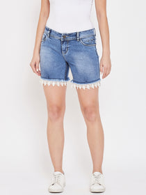 Women Blue Cloud Wash Casual Denim Shorts - JUMP USA