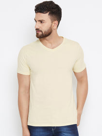 Men Beige Solid V Neck T-shirt - JUMP USA