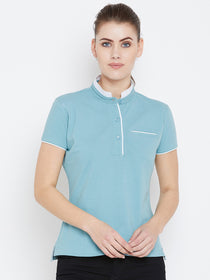 Women Blue Solid Casual Polo T-shirts - JUMP USA