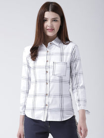 Women White & Navy Blue Slim Fit Checked Casual Shirt - JUMP USA