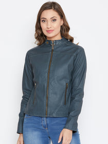 JUMP USA Women Olive Solid Casual Leather Jacket - JUMP USA