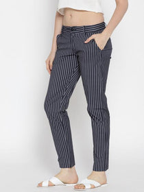 Women Striped Navy Blue Trousers - JUMP USA