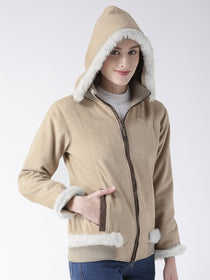 Women Polyster Casual Long Sleeve  Beige Winter Jacket - JUMP USA (1568777895978)