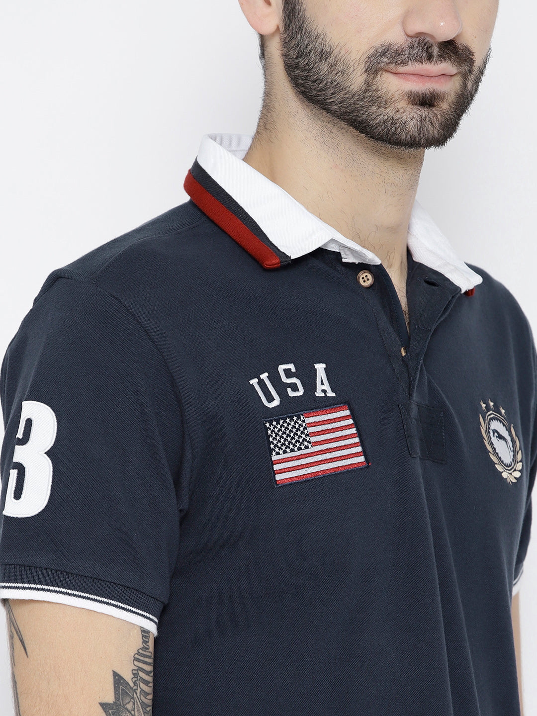 Men Navy Blue Solid Polo Collar T-shirt - JUMP USA