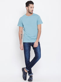 Men Blue Solid Round Neck T-shirt - JUMP USA