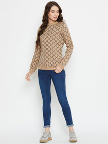 Women Safari & Navy Blue Acrylic Checked Sweater - JUMP USA