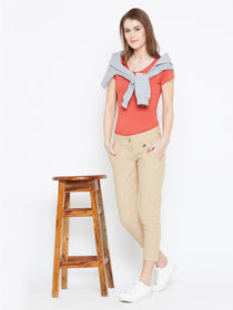 Women Beige Solid Skinny Fit Trousers - JUMP USA
