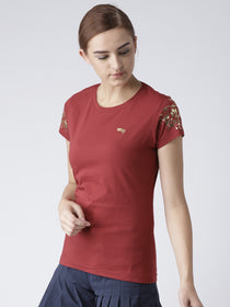 Women Solid Red T-Shirt - JUMP USA
