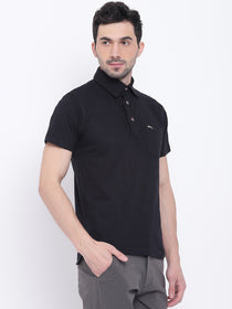 Men Casual Solid Black Polo Collar T-Shirt - JUMP USA