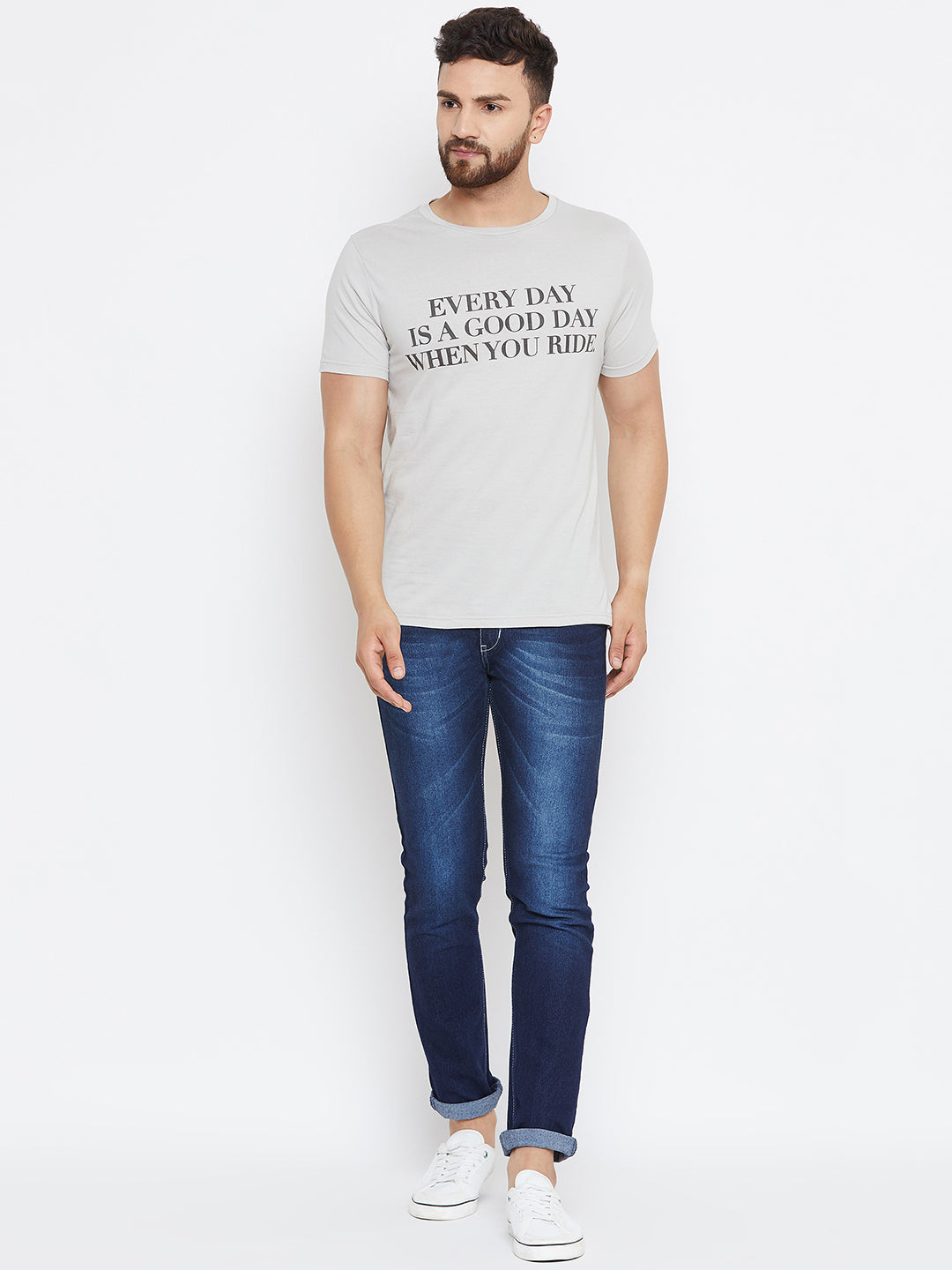 Men Grey Printed Casual Round neck T-shirt - JUMP USA