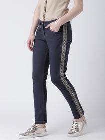 Women Navy Blue Casual Trousers - JUMP USA