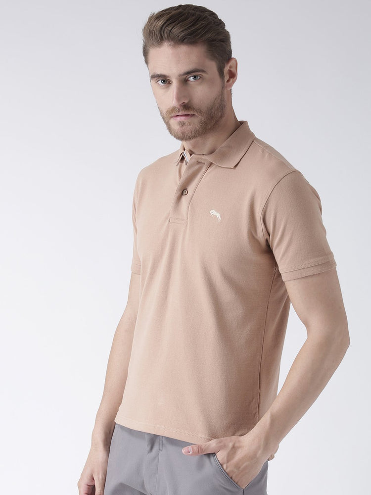 Men Beige Solid Polo Collar T-Shirt - JUMP USA