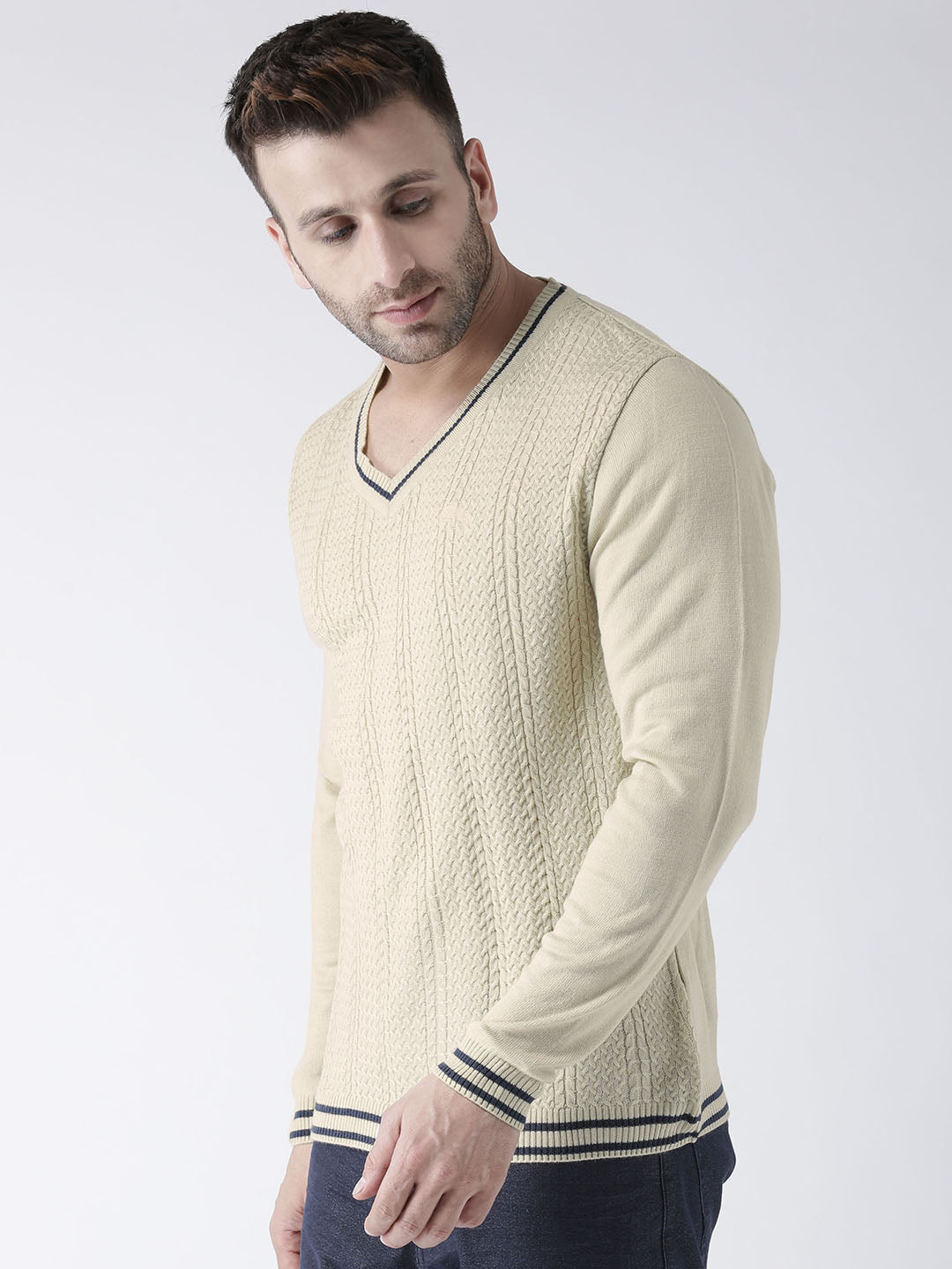 Men Beige self Design Pullover - JUMP USA