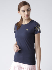 Women Solid Navy Blue T-Shirt - JUMP USA