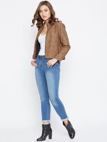 JUMP USA Women Tan Solid Casual Leather Jacket - JUMP USA