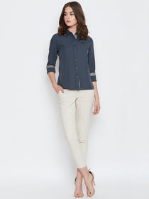 Women Navy Blue Solid Casual Slim Fit Shirt - JUMP USA