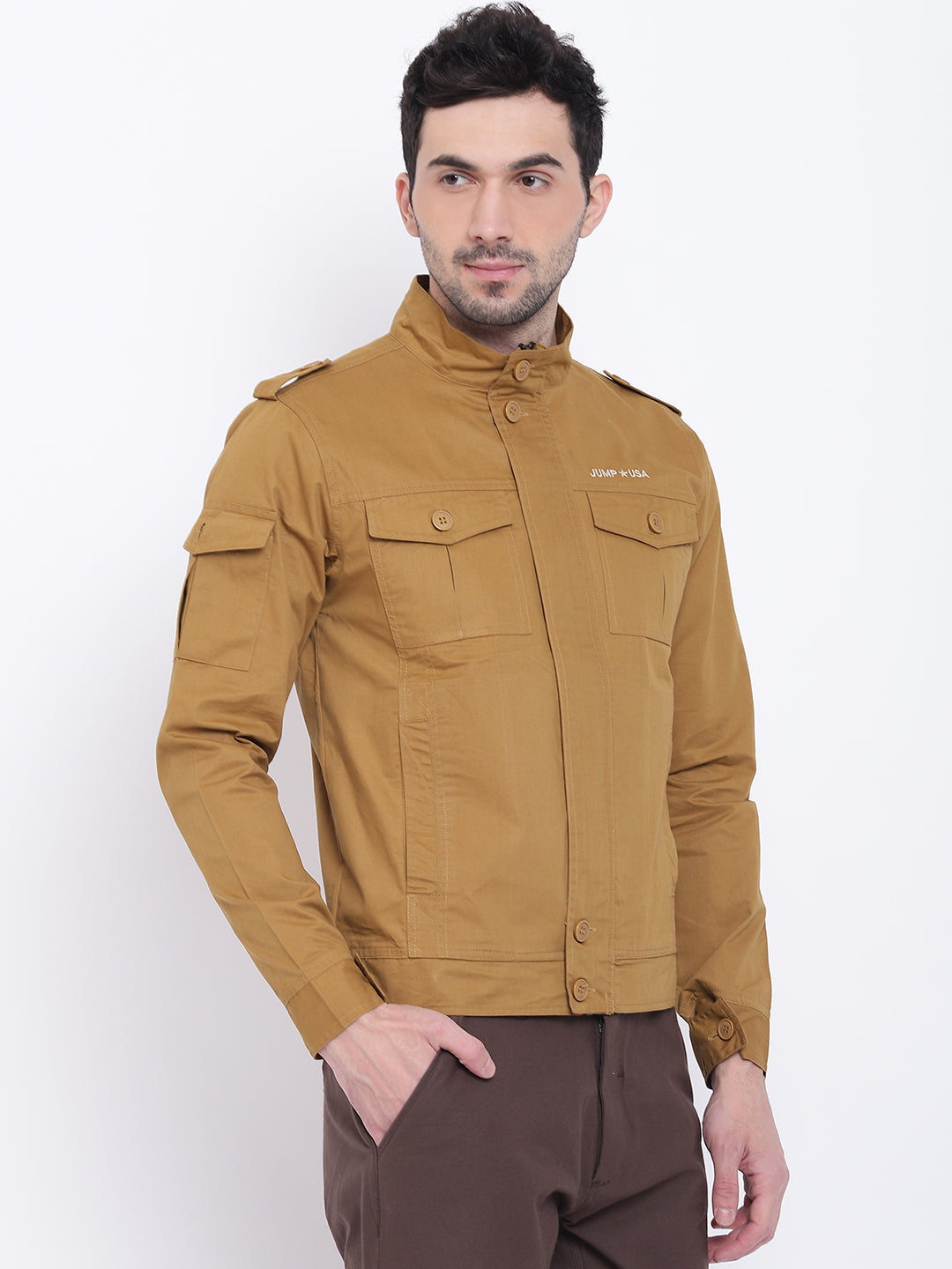 Men Casual Solid Beige Tailored Jacket - JUMP USA