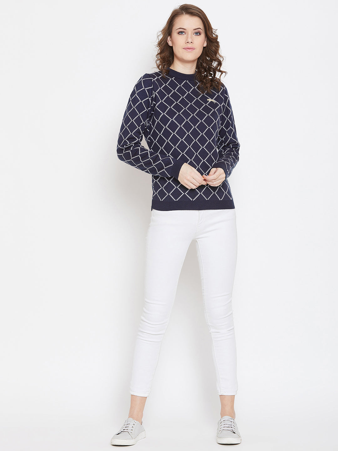 JUMP USA Women Navy Blue & White Acrylic Checked Sweater - JUMP USA
