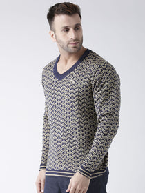 Men Navy Blue and Beige Colourblocked Pullover - JUMP USA