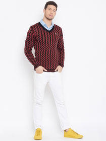 JUMP USA Men Red Colourblocked Casual Sweaters - JUMP USA