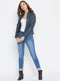 JUMP USA Women Olive Solid Casual Leather Jacket - JUMP USA