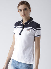 Women White and Navy Blue Polo T-shirt - JUMP USA