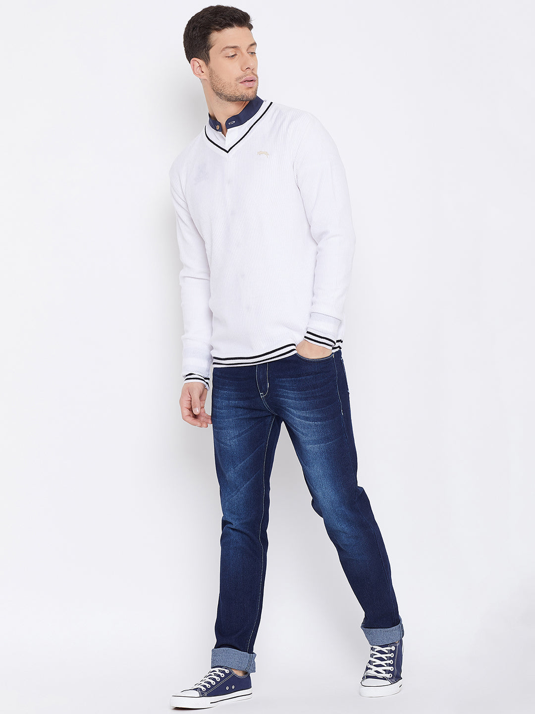 JUMP USA Men White Self Design Pullover - JUMP USA