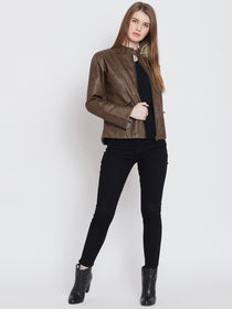 Women Casual Brown Leather Jacket - JUMP USA