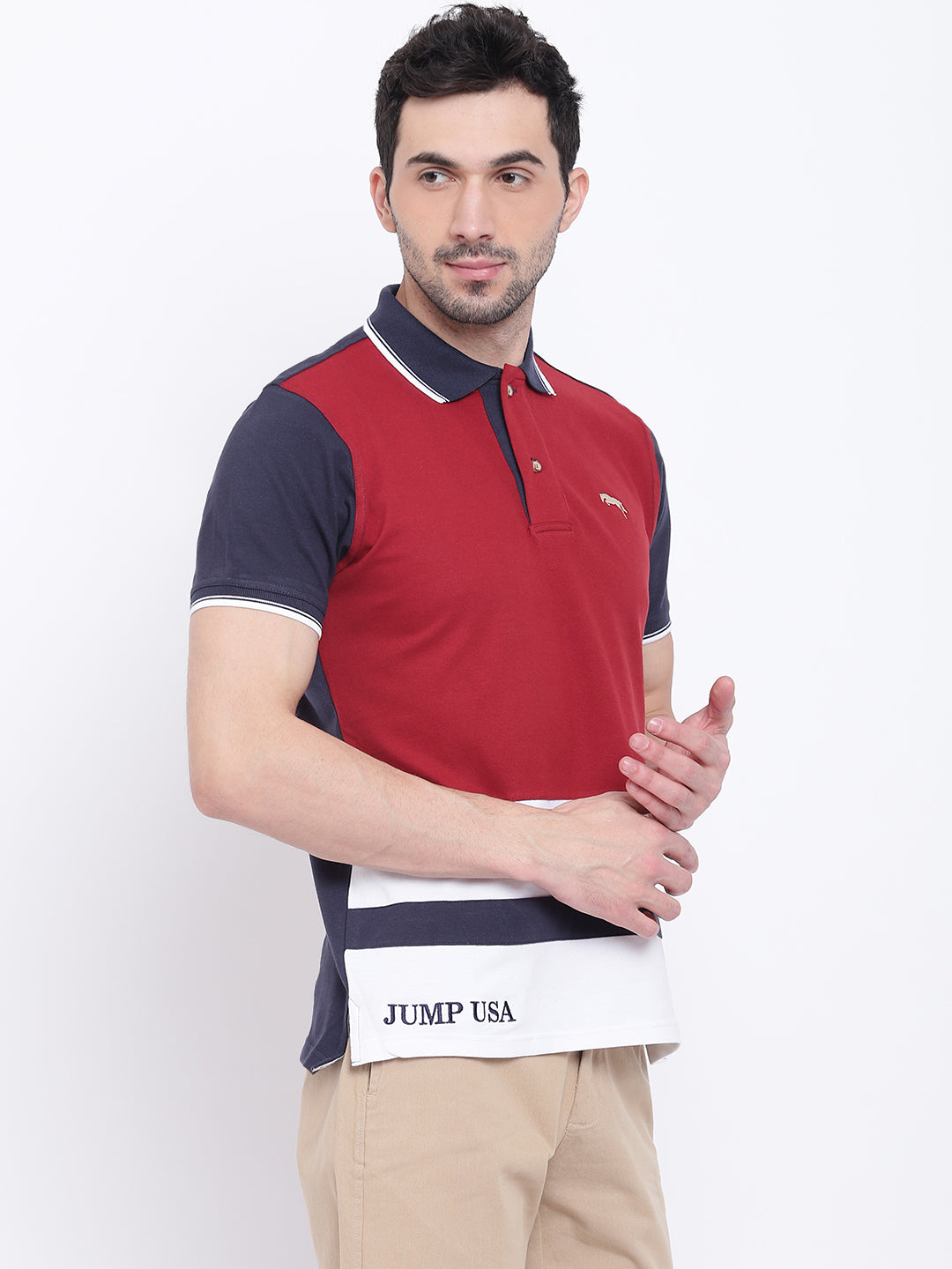 Men Casual Solid Red Polo Collar T-Shirt - JUMP USA