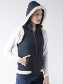 Women Polyster Casual Sleeveless  Navy Winter Jacket - JUMP USA (1568776388650)