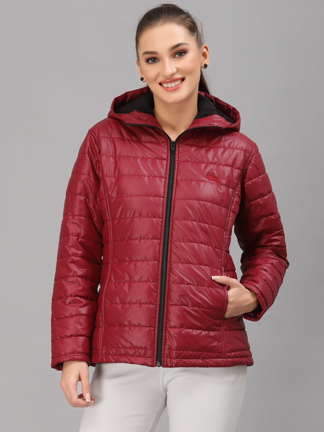 JUMP USA Women Maroon Solid Active Wear Jacket With Hood