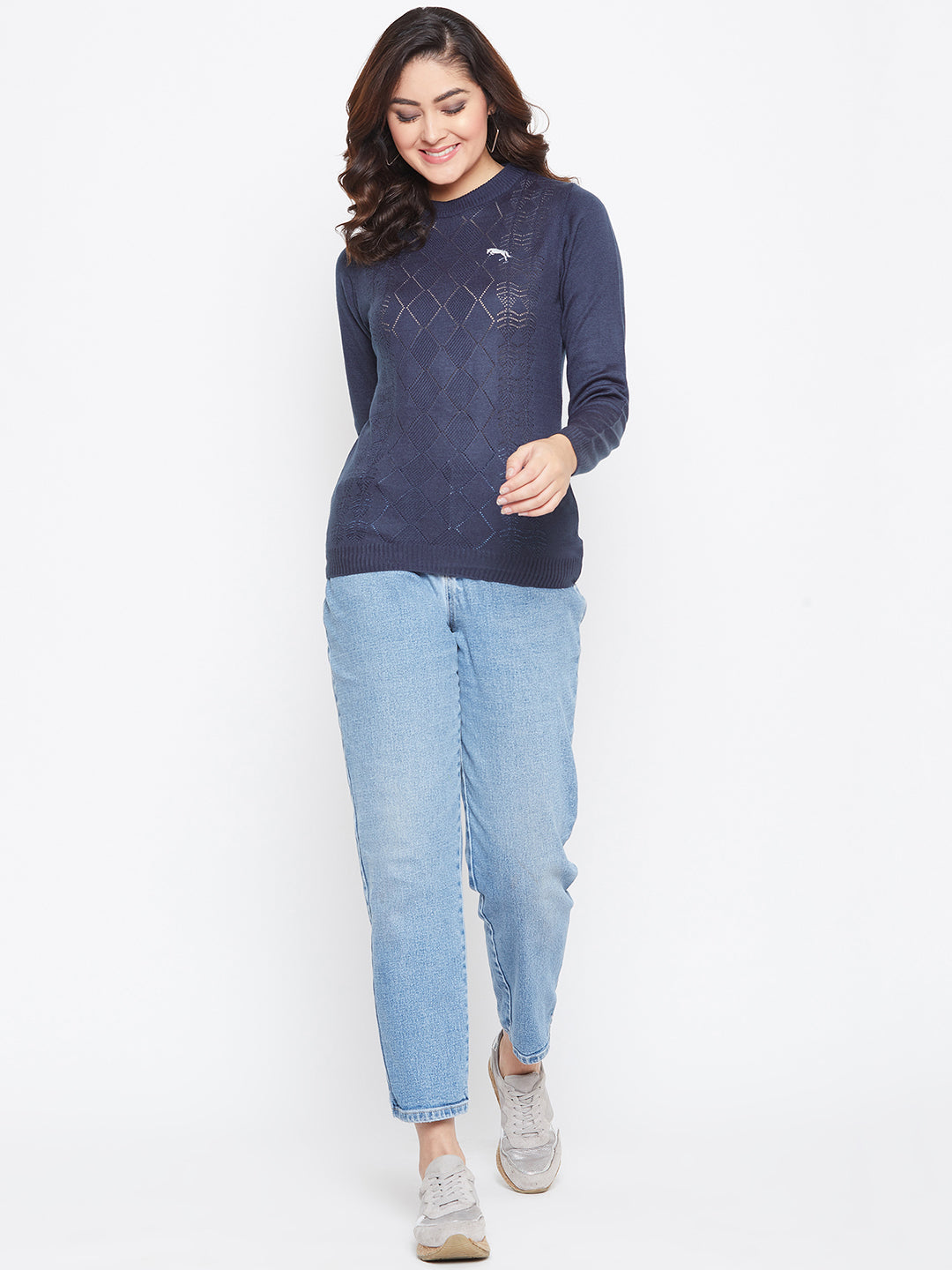JUMP USA Women Navy Blue Self Design Sweater - JUMP USA