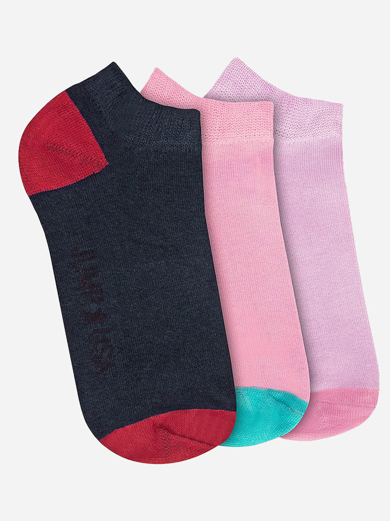 JUMP USA Women's Pack of 3 Ankle length Socks | Women's's Casual Socks for Everyday Wear - Sweat Proof, Quick Dry, Padded for Extra Comfort | Navy Blue/Pink/Purple
