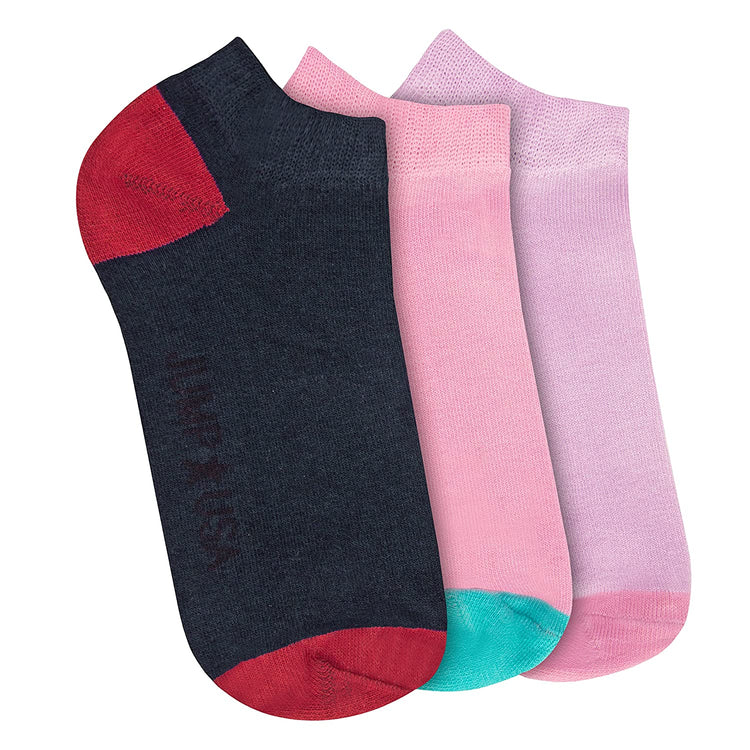 JUMP USA Women's Pack of 3 Ankle length Socks | Women's's Casual Socks for Everyday Wear - Sweat Proof, Quick Dry, Padded for Extra Comfort | Navy Blue/Pink/Purple