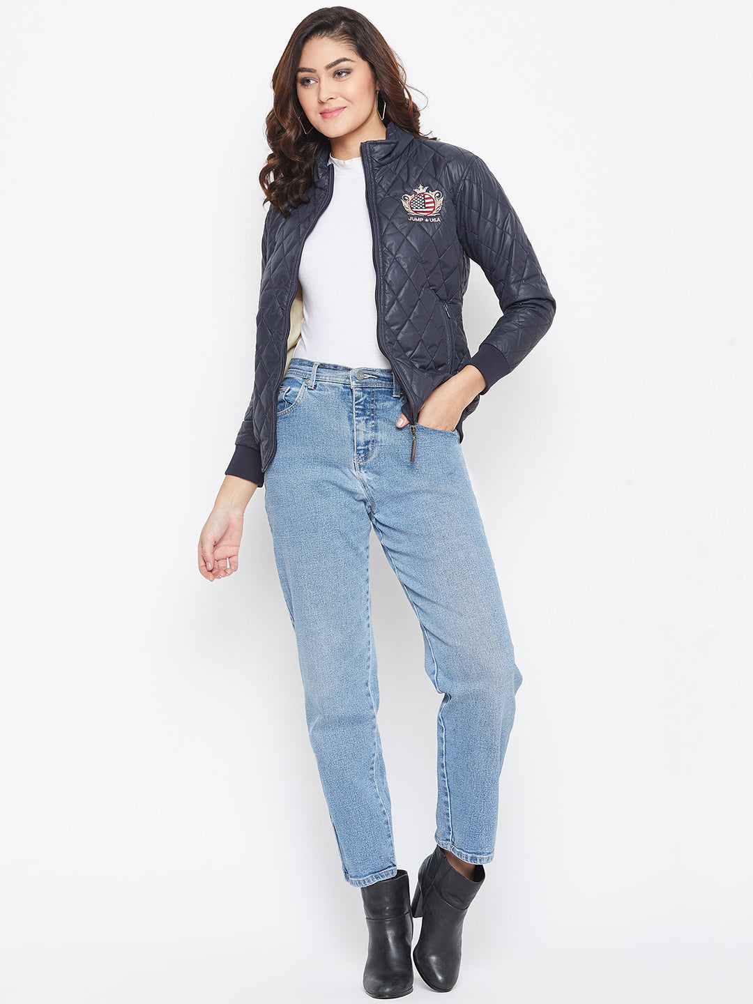 JUMP USA Women Navy Blue Self Design Jacket - JUMP USA