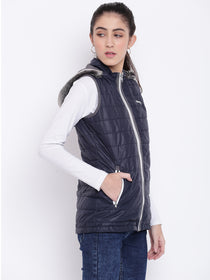 Women Navy Blue Casual Quilted Jacket - JUMP USA