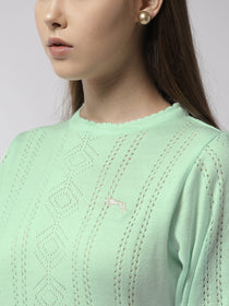 Women Solid Teal Pullover - JUMP USA