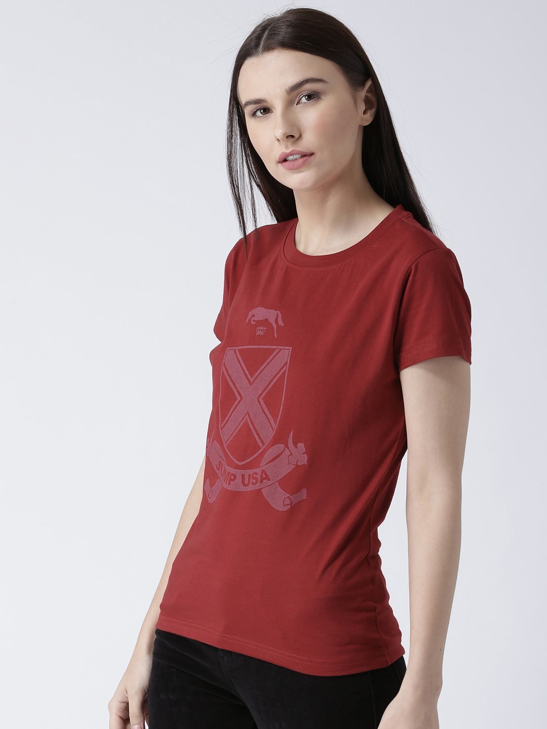 Women Red Solid Round Neck T-shirt - JUMP USA
