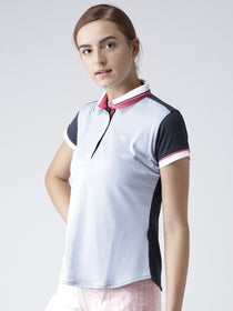 Women Solid Navy Blue Polo T-Shirt - JUMP USA