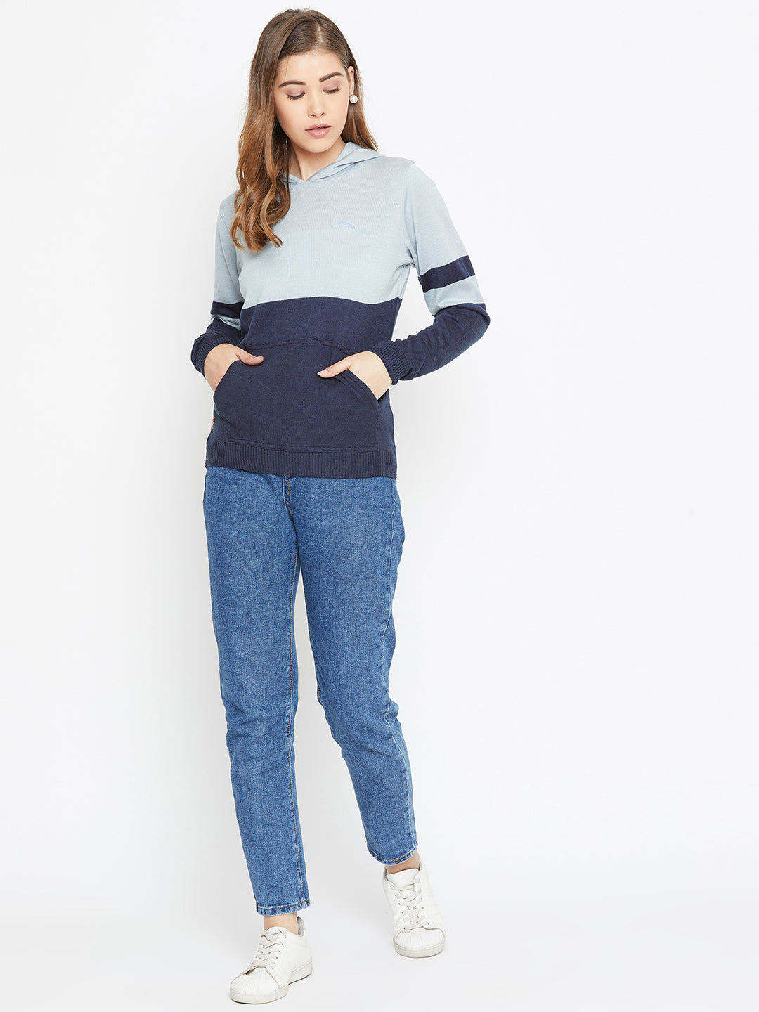 JUMP USA Women Blue Colourblocked Hooded Sweater - JUMP USA