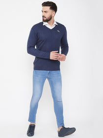 JUMP USA Men Navy Blue Self Design Sweater - JUMP USA