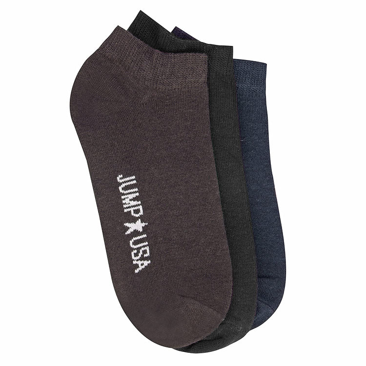 JUMP USA Men's Pack of 3 Ankle Length socks | Men's Casual Socks for Everyday Wear - Sweat Proof, Quick Dry, Padded for Extra Comfort | Black/Charcoal/Navy Blue