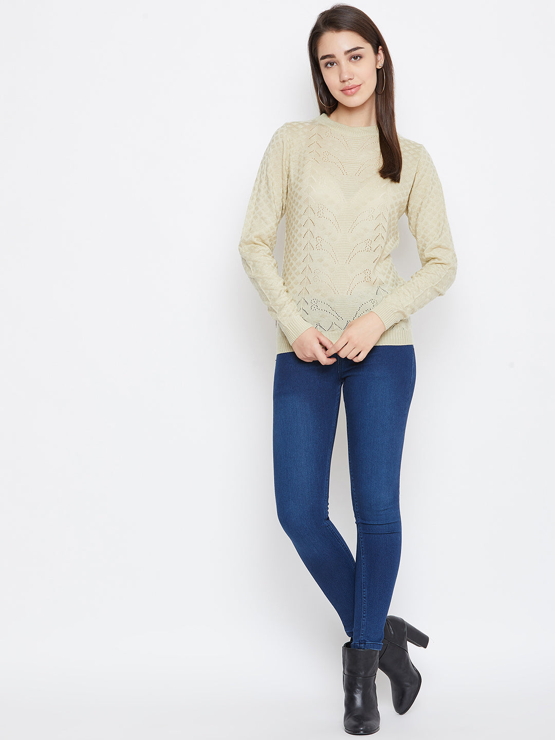JUMP USA Women Cream Self Design Sweater - JUMP USA