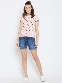 JUMP USA Women Pink Printed Polo Collar T-Shirt - JUMP USA
