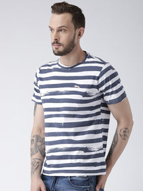Men White Striped Round Neck T-shirt - JUMP USA