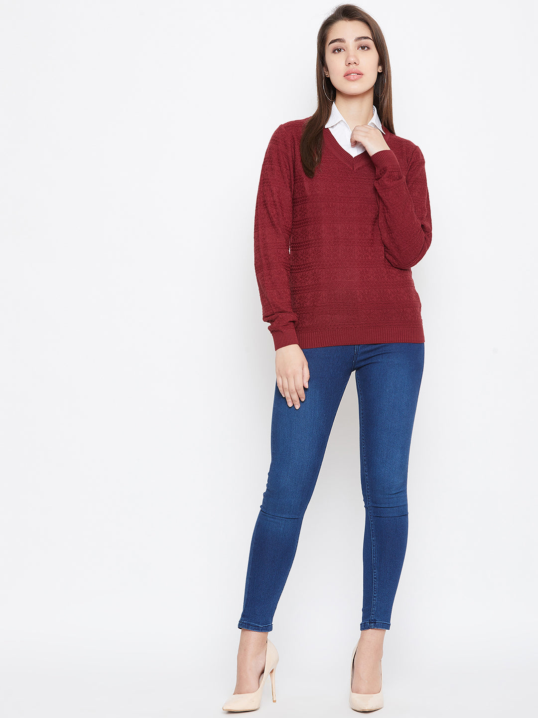 JUMP USA Women Red Self Design Sweater - JUMP USA
