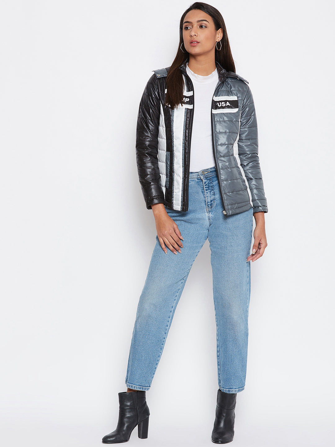 JUMP USA Women Grey Colourblocked Bomber Jacket - JUMP USA