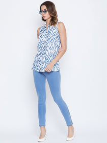 JUMP USA Women White & Blue Printed Casual Shirts - JUMP USA