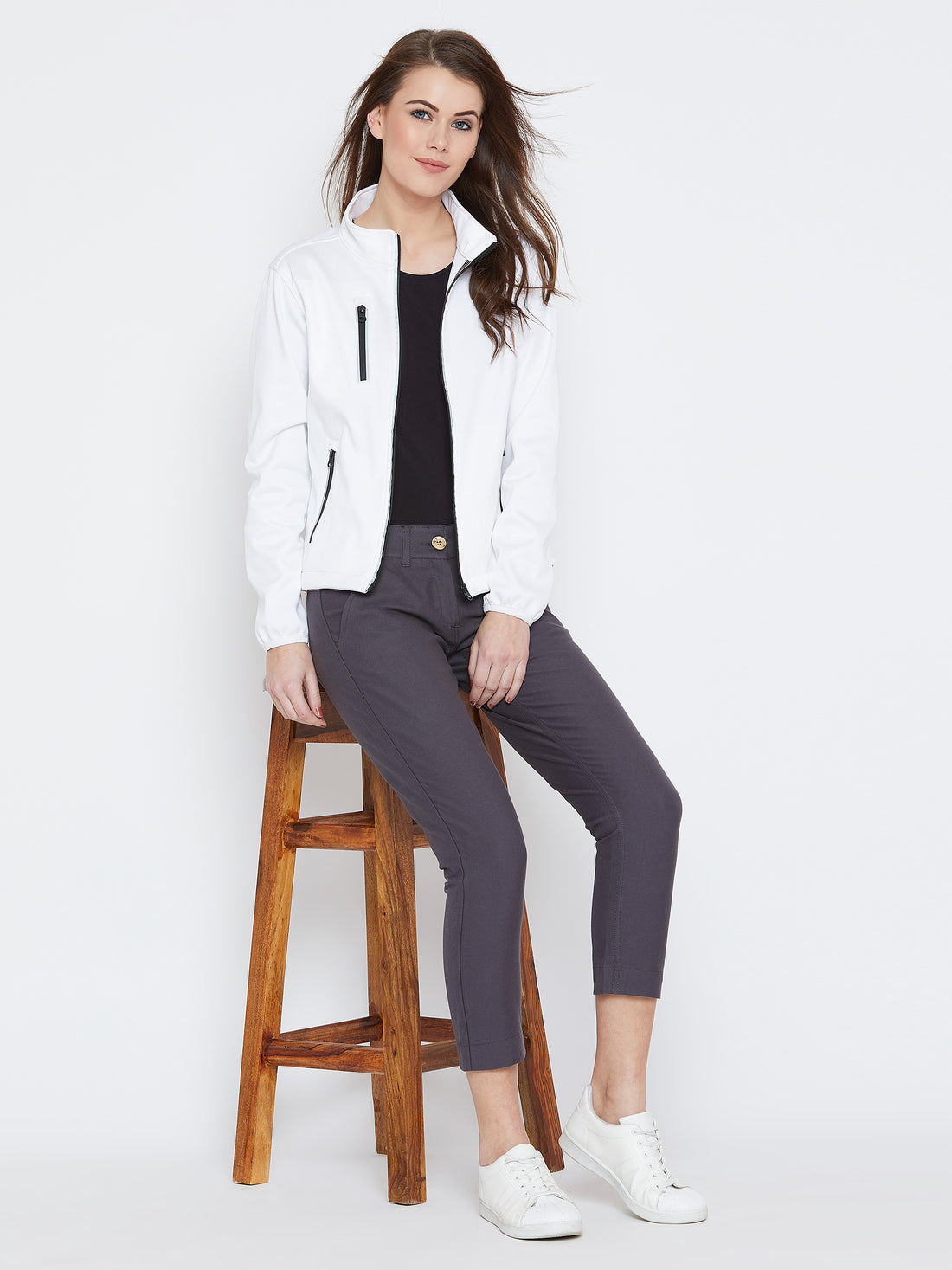 Women White Solid Sporty Jacket - JUMP USA
